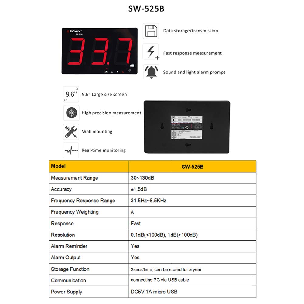 Geluidsniveaumeter, LCD-decibelmeter, ruismeting, 30 tot 130 dB, USB-wandopknoping, met datalogger en alarm, voor binnen- en buiten gebruik