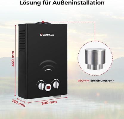 CAMPLUX BW158BC-DE Tankless Gas Boiler 6 Liter, voor Camping, RV, Wassen Paarden, LPG (50 mbar), 10 kW