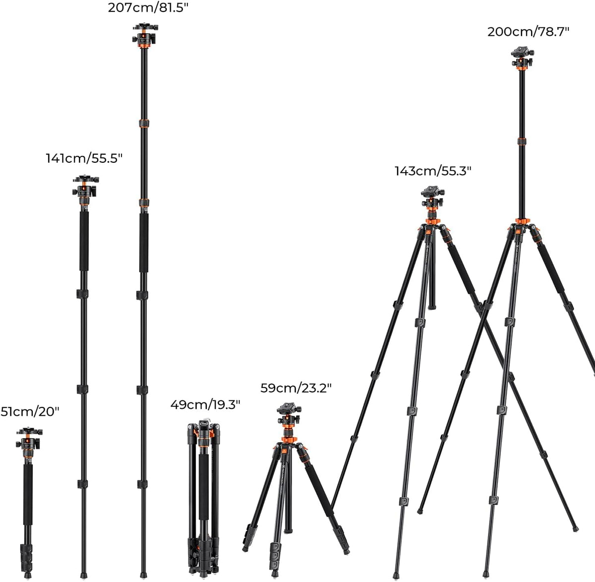 Camerastatief – Fotostatief – Driepoot – Tripod – Videostatief – Verstelbaar van 49 tot 200 cm – Twee-in-één Monopod met 360° Balhoofd