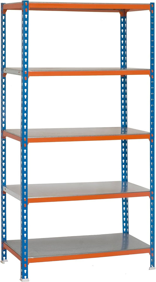Simon Rack Stellingkast Metaal, 2000x1000x300 mm, Buigpunt 180, 5 Verstelbare Niveaus, Metalen Planken, Robuust Opslagrek voor Garage, Kelder en Werkplaats, Blauw/Oranje/Gegalvaniseerd – SimonClick
