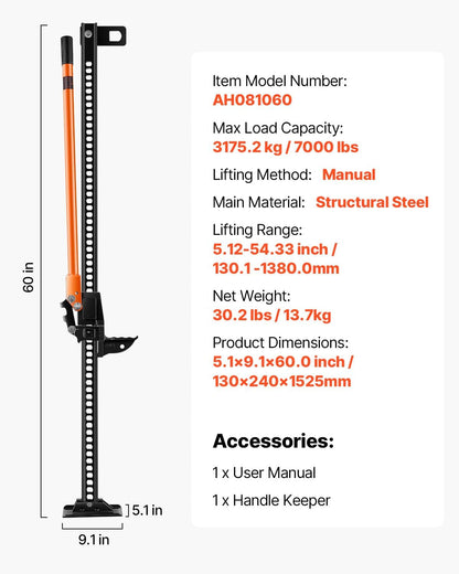 VEVOR Farm Jack, 152,5 cm Utility High Lift Boerderij Jack, 3,18 Ton Capaciteit Ratcheting Off Road Utility Jacks, Heavy Duty Hefkrikken met 130,1-1380 mm hefbereik voor tractor, vrachtwagen, SUV