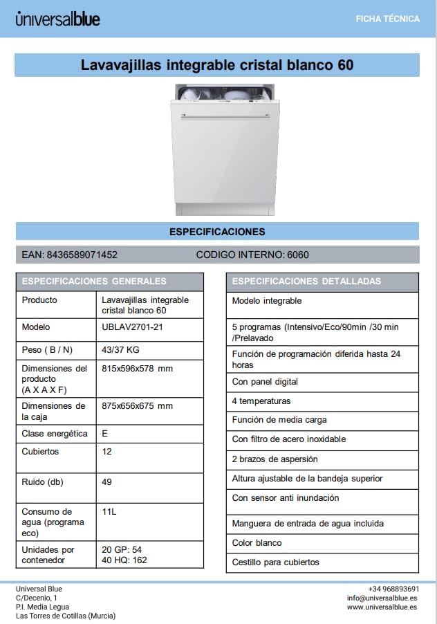 UNIVERSALBLUE White glass dishwasher, semi-black, 60 cm, 5 washing programs, 12 services