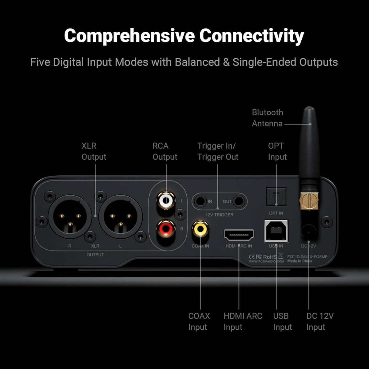 Fosi Audio ZD3 DAC Voorversterker, Volledig Gebalanceerde Digitaal naar Analoog Audioconverter met ES9039Q2M, Bluetooth/USB/Optical/COAX/TV HDMI ARC-Ingang, XLR/RCA Uitgang, met Afstandsbediening
