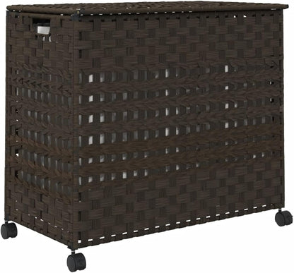 Wasmand Met Wieltjes – Wasbak – Laundry Basket – Wascontainer – Wasmand Rattan – Handgeweven Rattan & 3 Vakken – Inclusief Wielen Met Remmen