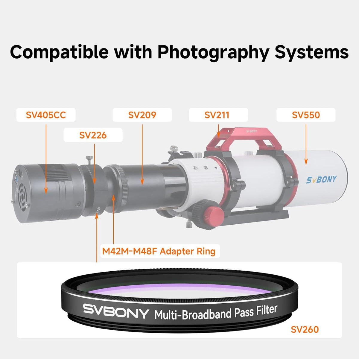 Svbony SV260 Telescoopfilter, 2'' Multi-bandpass Sterfilter, Afsnijdiepte OD4-filter, Telescoopaccessoires voor sterrenstelsels Emissie Reflectienevels Suburbane Deep Sky Astrofotografie
