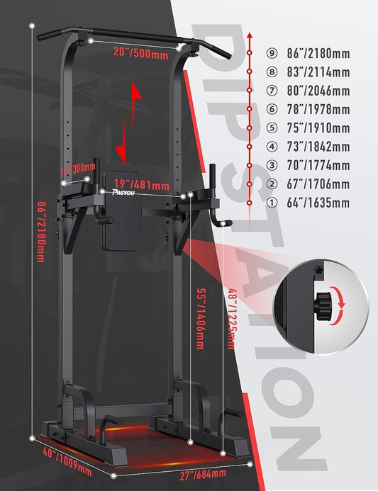 Pull Up Station - Dip Station - Dip Bars - Multifunctioneel - Instelbaar - Power Tower Fitness Station - Pull Up Bars - voor Huis - Gym -Krachttraining Apparatuur - 68.4 x 100 x  218 cm - Zwart