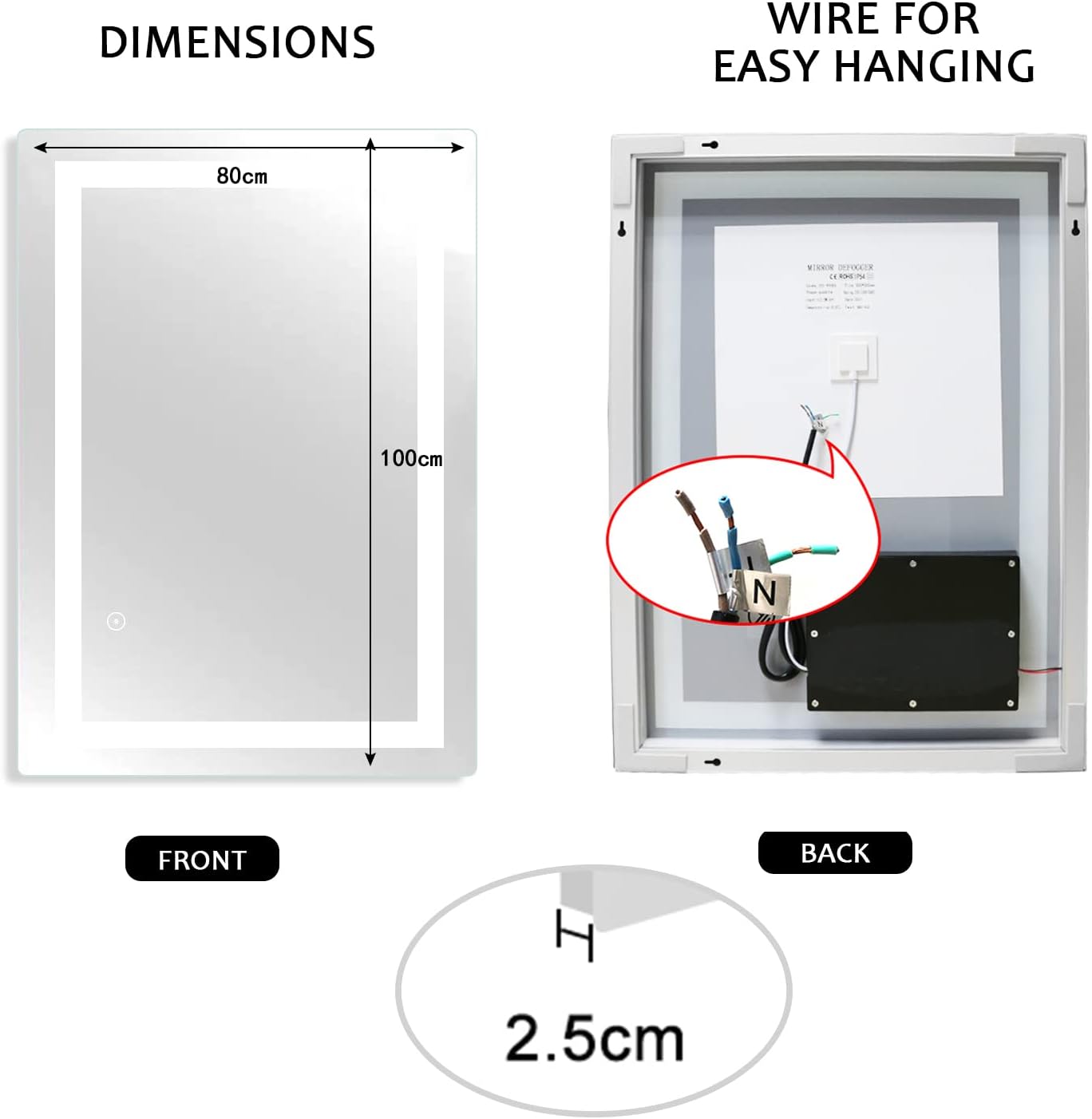 Sanitemodar LED Bathroom Mirror 80 x 100 cm, Bathroom Mirror with Light, Wall Mirror with Touch Switch - QUORE