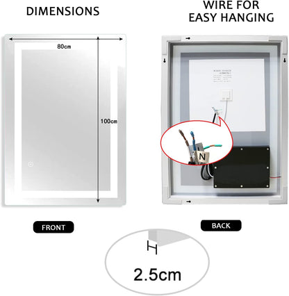 Sanitemodar LED Bathroom Mirror 80 x 100 cm, Bathroom Mirror with Light, Wall Mirror with Touch Switch - QUORE