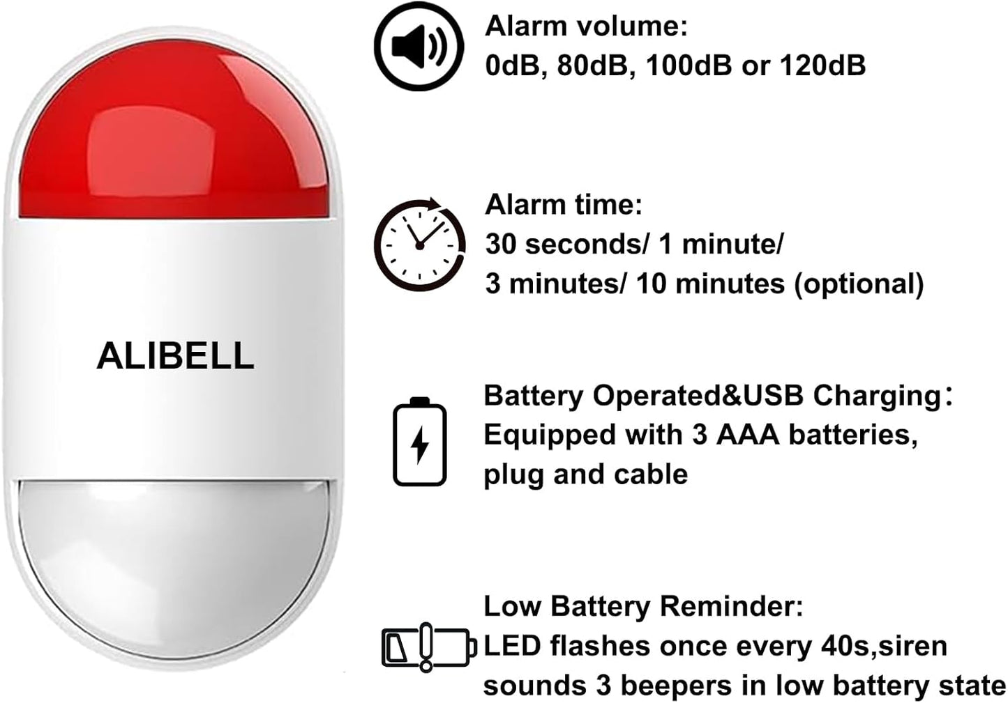 ALIBELL Persoonlijk alarm 120 dB sirene, noodsituatie, veiligheidssysteem voor huis/bedrijf/fabriek, 4 noodoproepknoppen + 2 sirene (werkt op batterijen en Plug-in Netstroomvoorziening)
