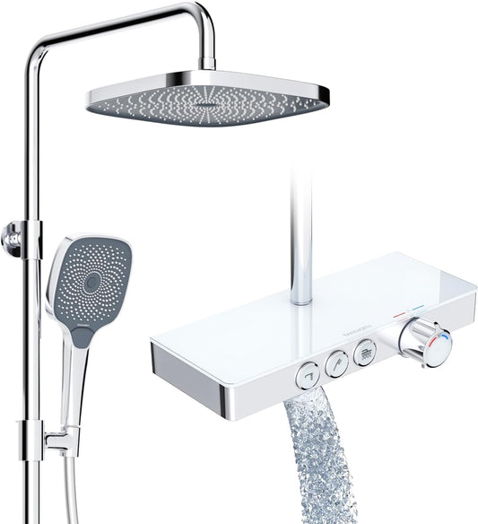 Thermostatische Douchekraan – Douche Set – Mengkraan – Douchesysteem – Regendouche – Glasplateau 36x14 cm – Watervaluitloop – 26x26 cm Regendouchekop