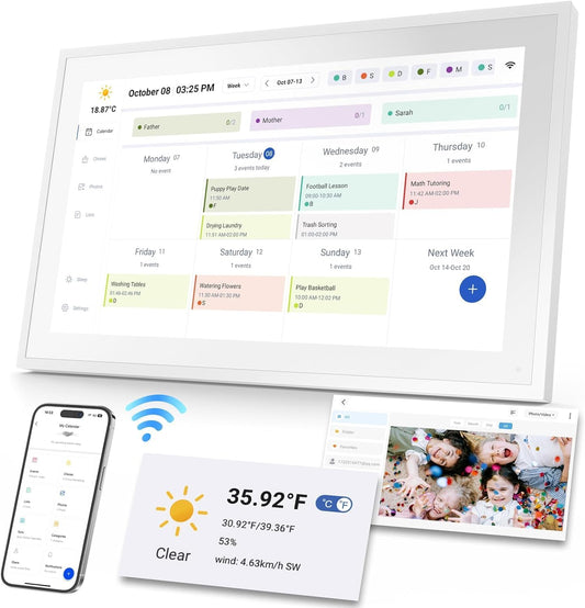TOPGO Digitale kalender, 39,6 cm, elektronische wandkalender, fotolijst, videospeler, intelligente planner voor familie/kantoor/school/evenementen, digitale planner met standaard