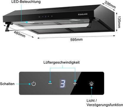 GASLAND UC60BS Afzuigkap met dubbele motor, 60 cm circulatie, stille afzuigkappen, 333 m³/h, 3 standen, Touch Control, onderbouwkap, zwart metaal met actieve koolfilter