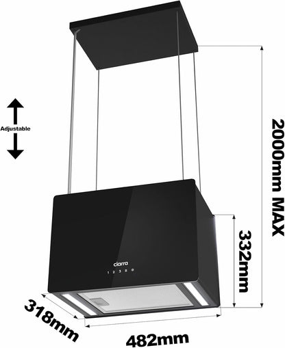 CIARRA CBCB4850 A+++ eilandafzuigkap recirculatie vrijhangend afzuigkap 48 cm 700 m³/u met slimme Wi-Fi app 4 snelheden boostfunctie glazen front inclusief actiefkoolfilter CBCF003 zwart