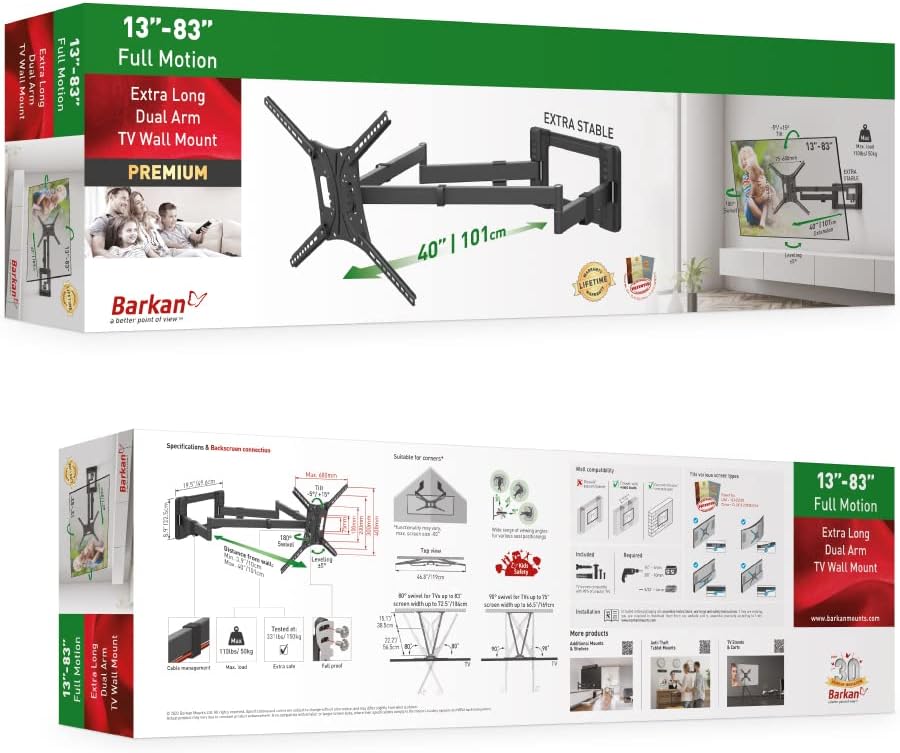 Barkan 1 meter lange tv-wandbeugel, 13-80 inch dubbele arm, zwenkbaar/volledige beweging plat en gebogen televisie tv-beugel, houdt tot 50 kg, extra stabiel, 101 cm, voor LED OLED LCD, max. VESA