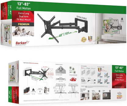 Barkan 1 meter lange tv-wandbeugel, 13-80 inch dubbele arm, zwenkbaar/volledige beweging plat en gebogen televisie tv-beugel, houdt tot 50 kg, extra stabiel, 101 cm, voor LED OLED LCD, max. VESA