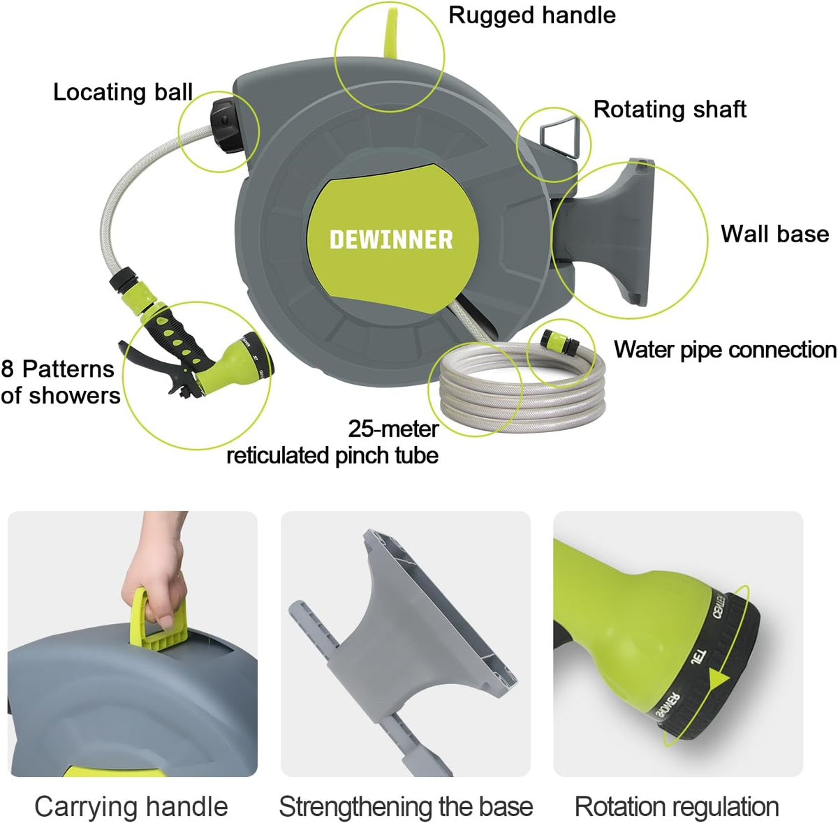 Slanghaspel voor wandmontage, 28 + 2 m, automatische wandwikkelaar, met sproeikop