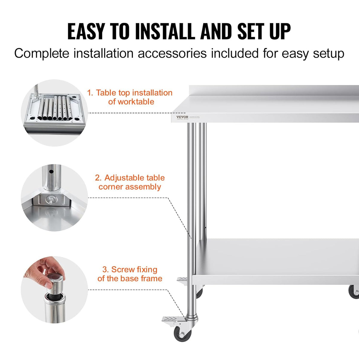 VEVOR Commercial Food Wheels, 24 x 36 x 40 cm, Heavy Duty Work Table, Metal Work Table with Adjustable Height for Restaurant, Home and Hotel, Silver, 61 x 90 x 100 cm