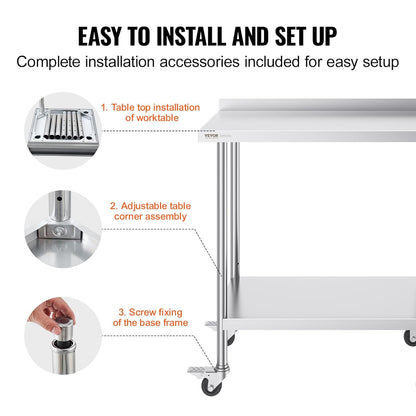 VEVOR Commercial Food Wheels, 24 x 36 x 40 cm, Heavy Duty Work Table, Metal Work Table with Adjustable Height for Restaurant, Home and Hotel, Silver, 61 x 90 x 100 cm