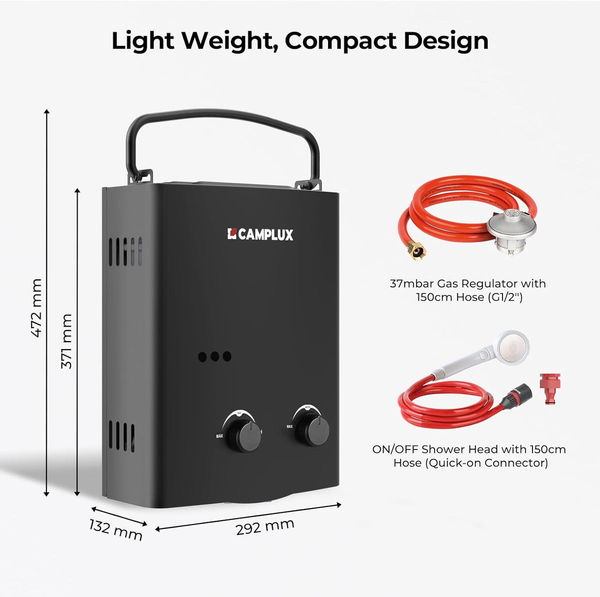 CAMPLUX AY132B 5 L/min Gas Boiler met Verstelbare Handgreep voor Buitendouche/Campers, Butaan (28-30mbar)/ Propaan (37 mbar)