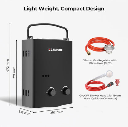 CAMPLUX AY132B 5 L/min Gas Boiler met Verstelbare Handgreep voor Buitendouche/Campers, Butaan (28-30mbar)/ Propaan (37 mbar)