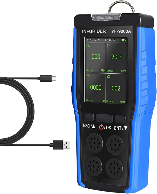 Gasmelder, H2S, CO, O2, LEL Meetapparaat, 4-in-1 Gasmonitor, Gaslekkagespray met LCD-weergave in realtime, Gaslekkagedetector voor brandbare gassen