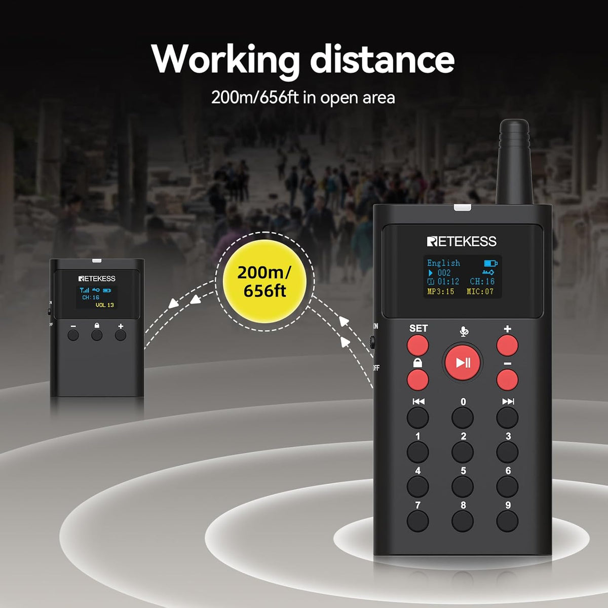 Retekess TT127 Audio Whisper Tour Guide System, Tour Guide System, Uitlegmodus voor Twee Personen, On-Demandfunctie, 200 m, voor Museumtentoonstellingen(1 zenders 10 ontvangers)