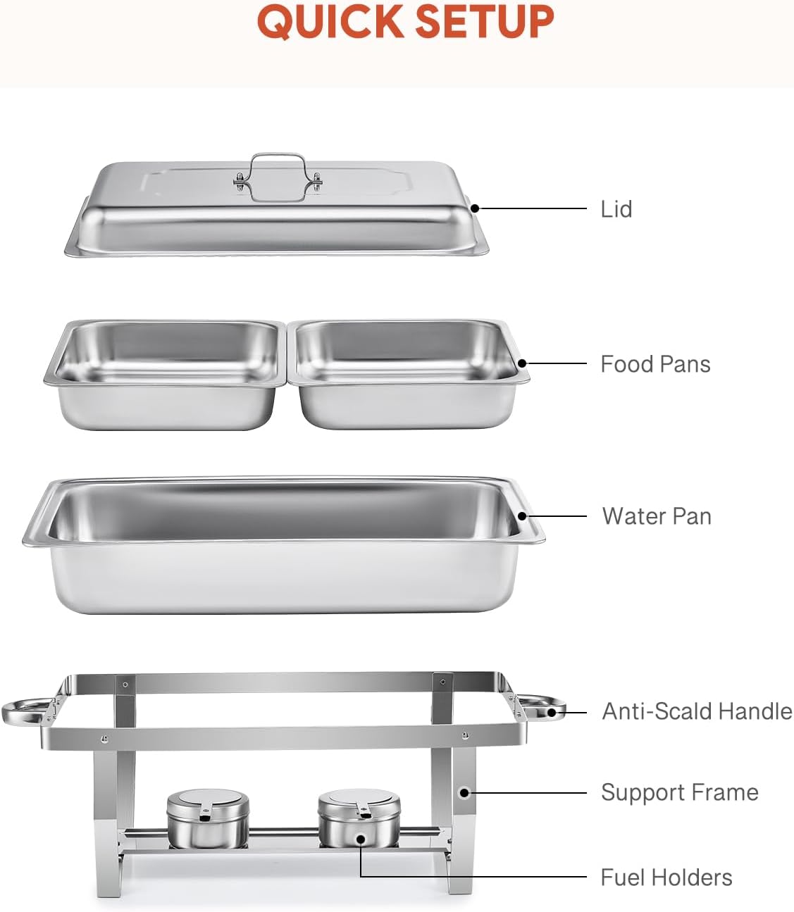 Wilprep Verdeelbakken chafing dish set van 2 bakken GN 1/2 RVS, 4 stuks 9L buffetwarmers met 8 halve maat bakken, brandpasta houders, 4 deksel opvouwbare frames, voor feesten buffetten diners