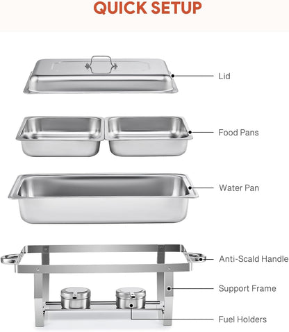Wilprep Verdeelbakken chafing dish set van 2 bakken GN 1/2 RVS, 4 stuks 9L buffetwarmers met 8 halve maat bakken, brandpasta houders, 4 deksel opvouwbare frames, voor feesten buffetten diners