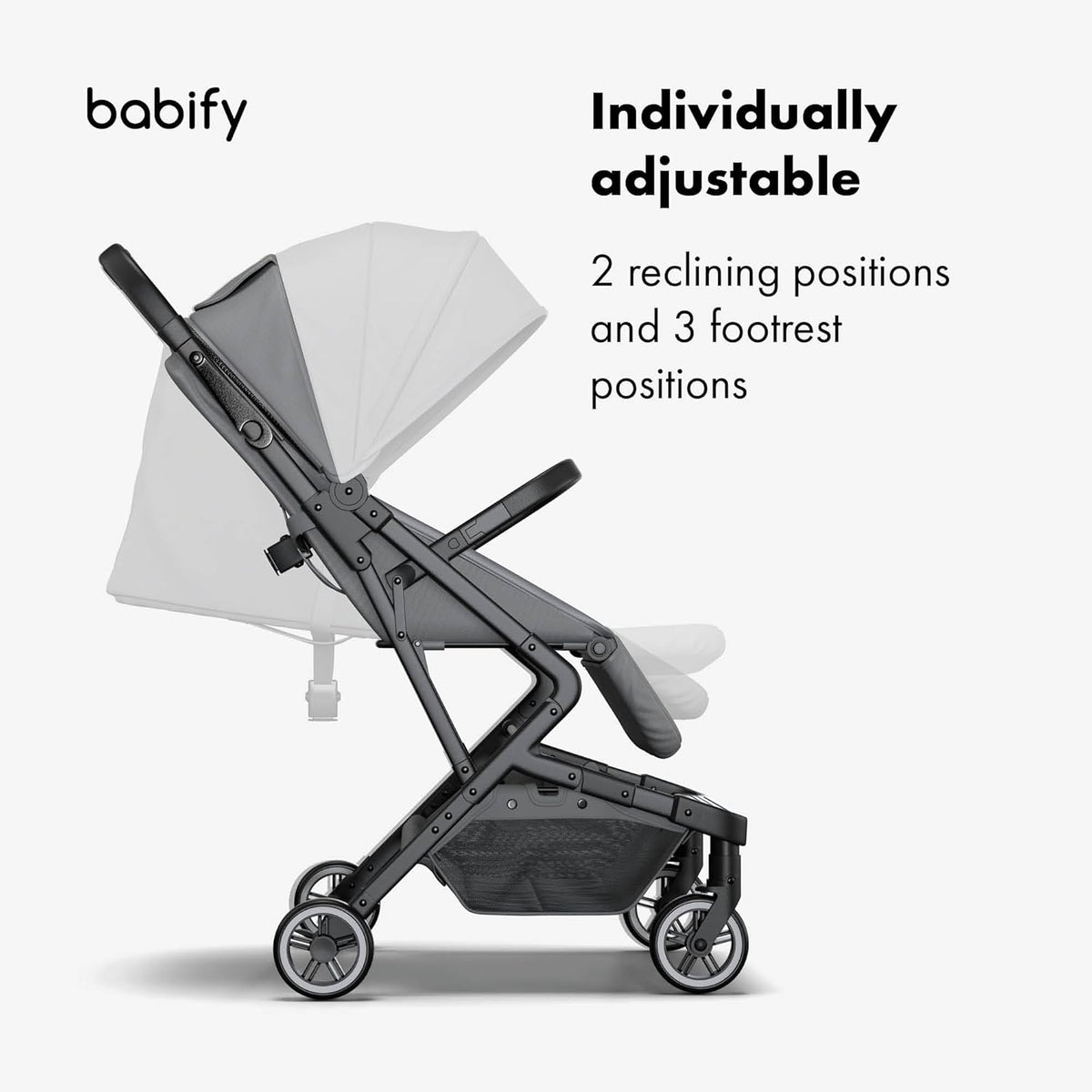 Babify Urban Ease Kinderwagen - Geboorte tot 4 jaar (22 kg), Met één hand in te klappen, Verstelbare rugleuning en voetensteun, Uitneembare bekleding, Mand, Raamzitting, Compact, Grijs