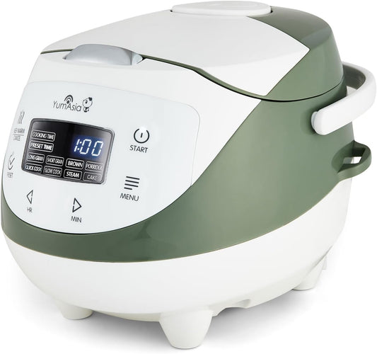 Yum Asia Panda Mini Rijstkoker Met Ninja Keramische Kom en Advanced Fuzzy Logic (3,5 kop, 0,63 liter) 4 Rijstkookfuncties, 4 Multicooker-functies, LED-display, 220-240V (Wit en saliegroen)