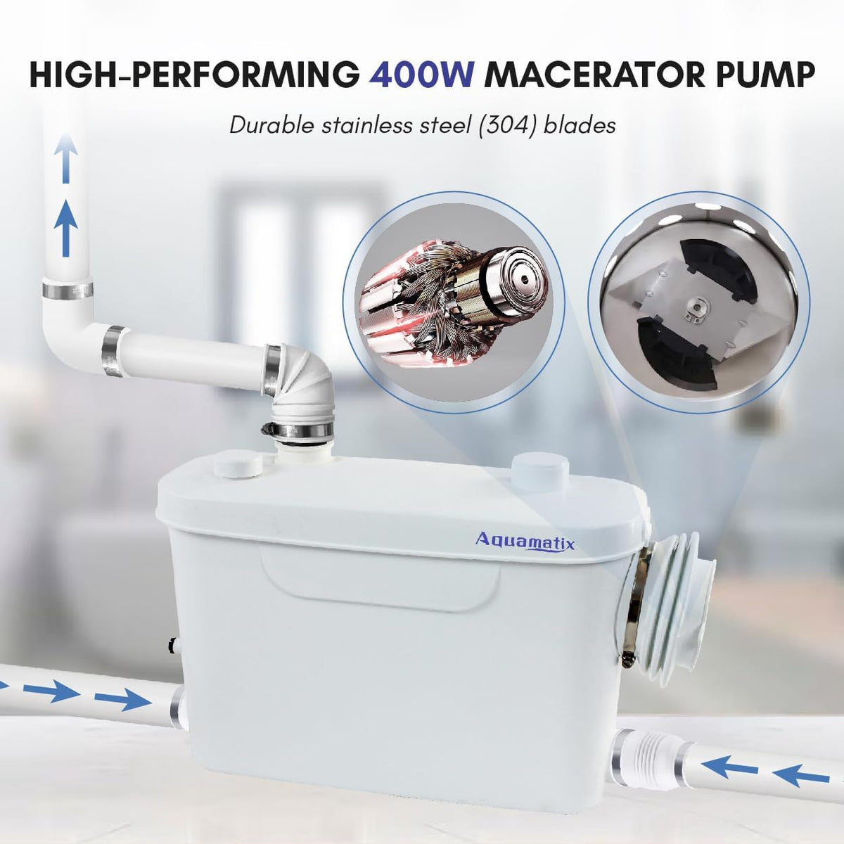 Aquamatix Maceratorpomp 400W Sanitaire Rioolpomp 100L/min 3 inlaten voor Muurbevestigde Toiletten 7m Verticale Pompafstand met Koolstoffilter