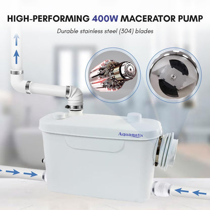 Aquamatix Maceratorpomp 400W Sanitaire Rioolpomp 100L/min 3 inlaten voor Muurbevestigde Toiletten 7m Verticale Pompafstand met Koolstoffilter