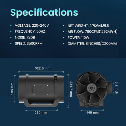 HG Power Buisventilator 200mm Inline Ventilator Kanaalventilator 230V Afvoerventilator EU-stekker Buisventilator EC-motoren voor Keuken, Badkamer, Garage