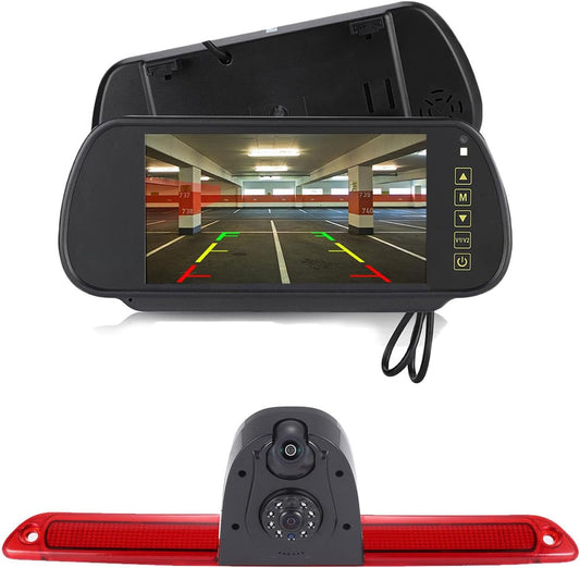 Super dubbele lens: Auto HD achteruitrijcamera remlicht achteruitrijsysteem in 3e remlicht met achteruitrijcamera voor Mercedes-Benz Sprinter B907 B910 311CDi 314/315/316/319CDi (met 7 inch