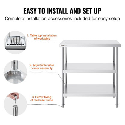 VEVOR Stainless Steel Food Preparation Table, 45 x 90 x 90 cm, Commercial Kitchen Work Table, with 2 Adjustable Bottom Shelf, Heavy Duty Metal Work Table for Barbecue, Kitchen, Home and Garage