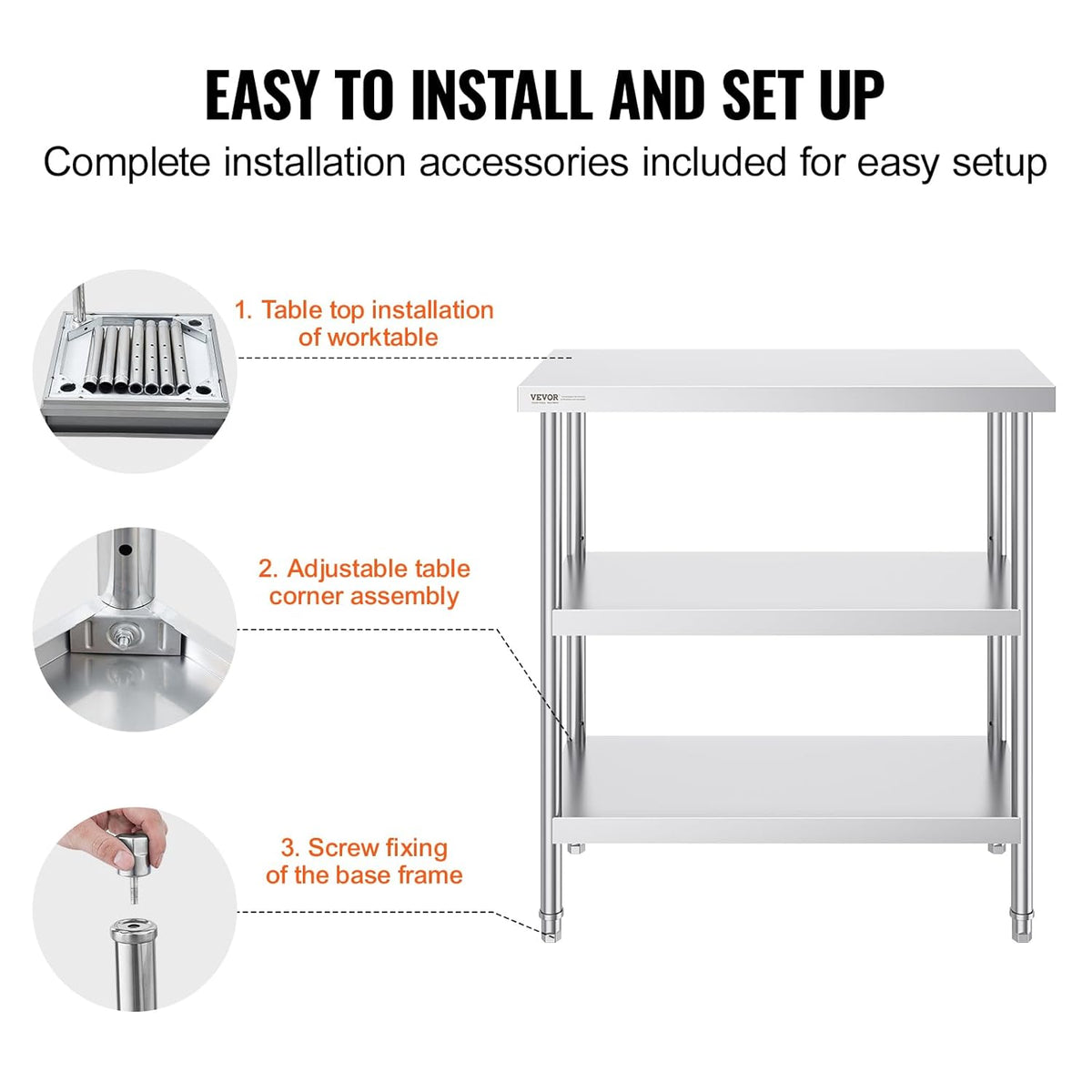 VEVOR Roestvrijstalen voedselbereidingstafel, 45 x 90 x 90 cm, commerciële keukenwerktafel, keukentafel, met 2 verstelbare onderplank, zware metalen werktafel voor barbecue, keuken, huis en garage