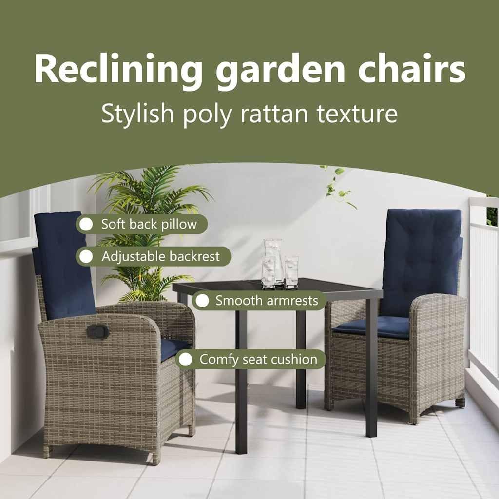 vidaXL Set of 2 Adjustable Garden Chairs - Grey Poly Rattan Armchairs with Cushions and Adjustable Backrest - Navy Blue - Comfortable Outdoor Chairs for Table - Perfect for Your Garden or Patio - QUORE