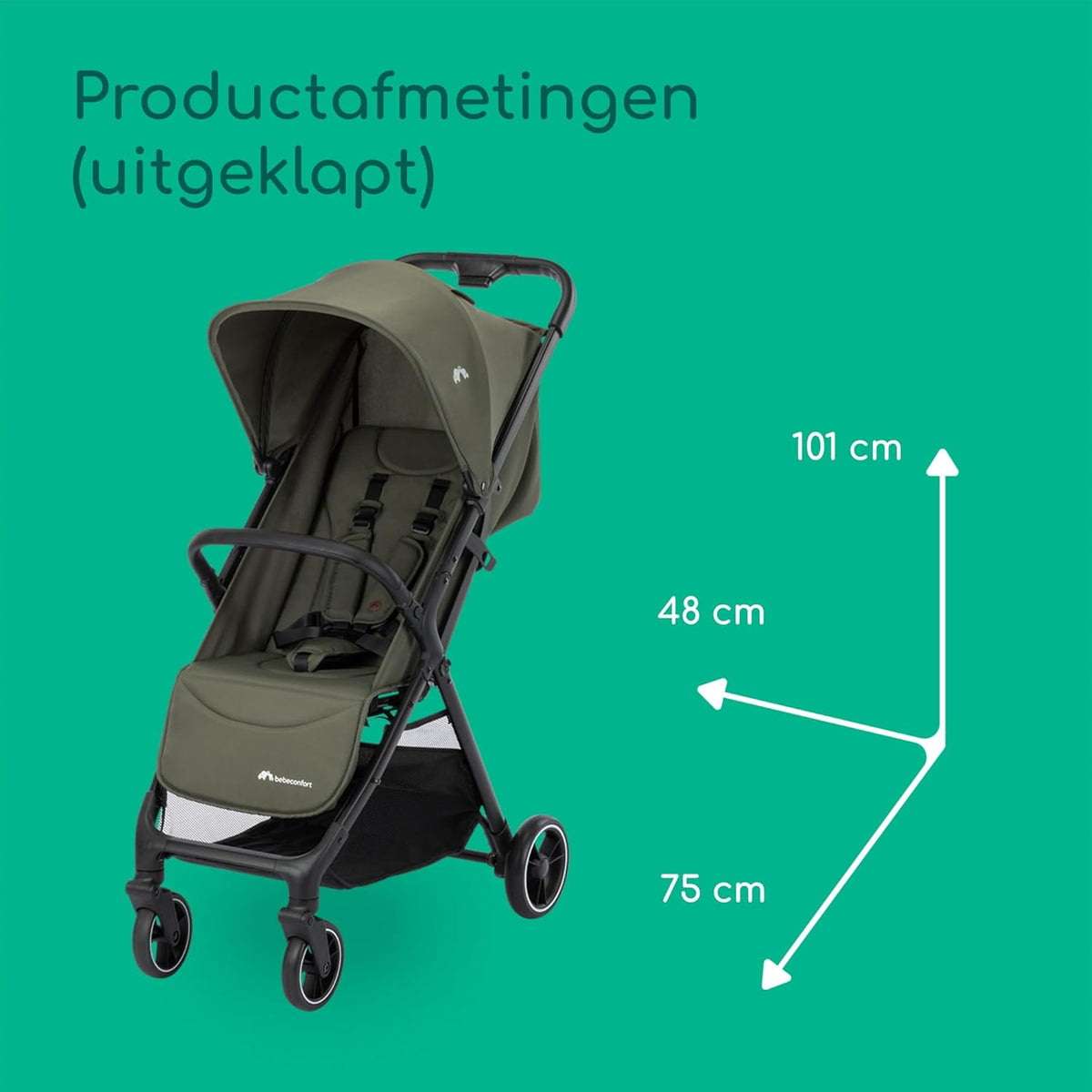 Bebeconfort Azur, Compacte Kinderwagen, 0-3 jaar (15 kg), Lichtgewicht Kinderwagen, Automatisch Inklappen met één Hand, Naadloos Verstelbaar Naar Vlakke Ligstand, Grote Mand, Mineral Green