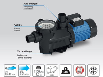 Spid'O SPR 1100 2963 zwembadfilterpomp, 22 M3/h, 1,5 pk, groot filter, zwart