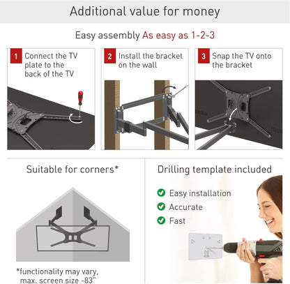 Barkan 1 meter lange tv-wandbeugel, 13-80 inch dubbele arm, zwenkbaar/volledige beweging plat en gebogen televisie tv-beugel, houdt tot 50 kg, extra stabiel, 101 cm, voor LED OLED LCD, max. VESA