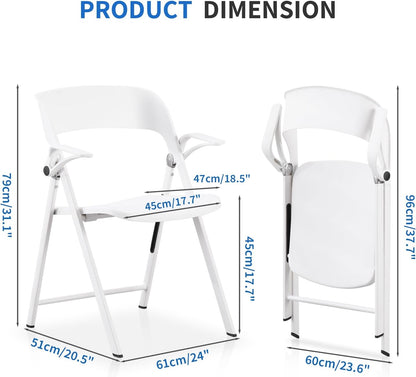 KAIHAOWIN 2 stuks kunststof klapstoel met armleuning, zware opvouwbare stoelen met stalen frame, commerciële stapelbare gaststoelen voor binnen en buiten, wit
