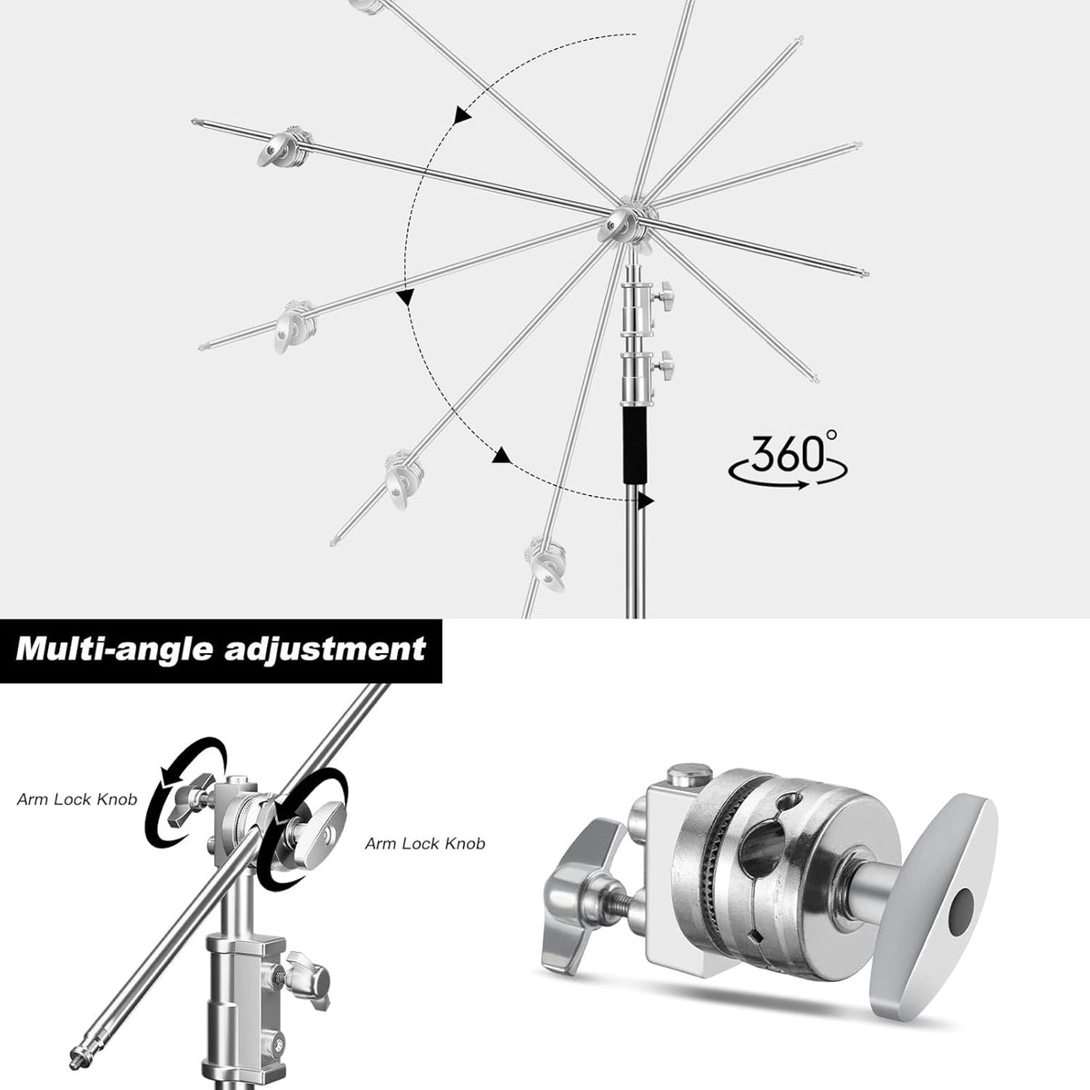 Soonpho Set van 2 C-statieven, heavy-duty staal, C-standaard van roestvrij staal, zilver, 330 cm, verstelbare lichtstandaard voor Studio softbox reflector, lichtstatief voor Godox AD200 Pro SK400II