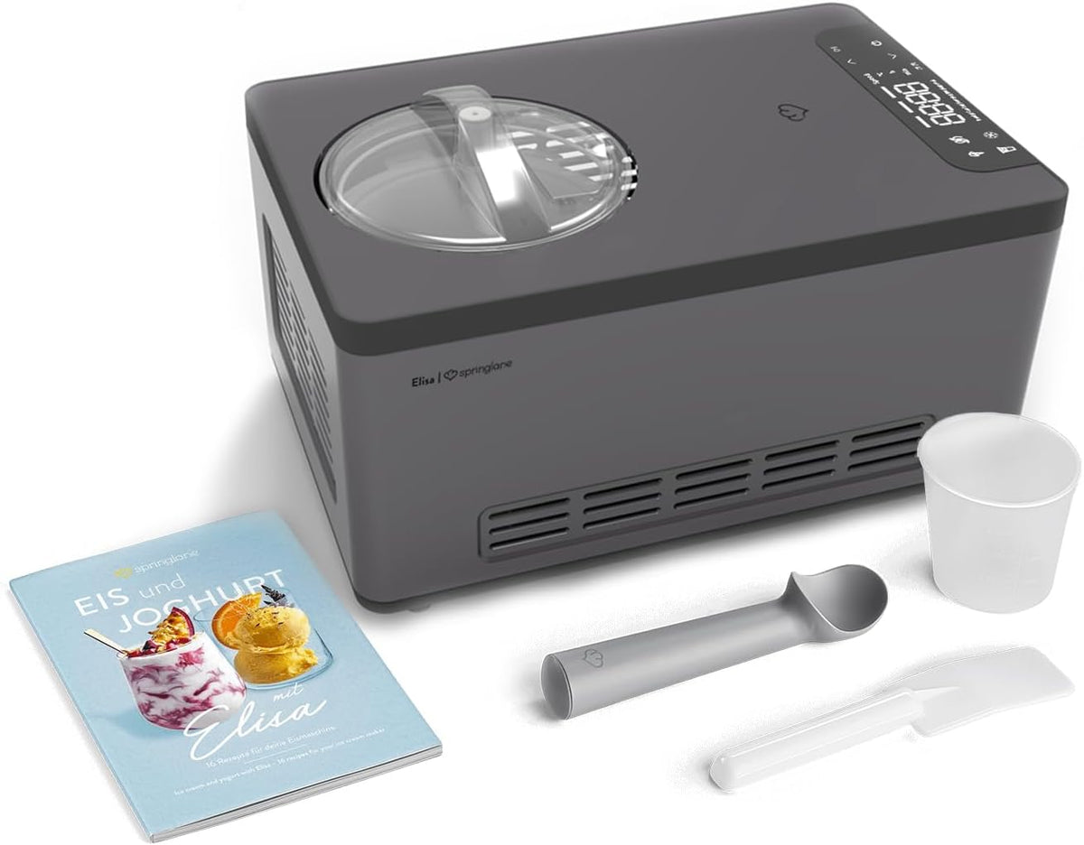 Springlane Kitchen Elisa ijsmachine & yoghurtmaker 2,0 L met zelfkoelende compressor 220 W, van roestvrij staal met koel- en verwarmingsfunctie (Elisa Antraciet, ijsmachine)