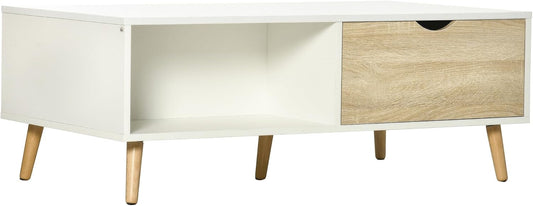 HOMCOM coffee table, side table with raised design, coffee table, sofa table with drawers and open storage compartments, living room table, white+natural wood, 106 x 58 x 39.5 cm - QUORE