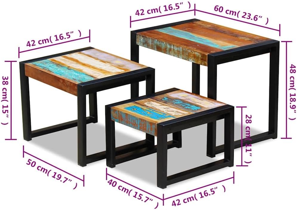 vidaXL 3x Side Table Solid Recycled Wood and Steel Frame Side Table