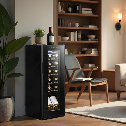 Nilson NVN1200S Wijnkast, 12 flessen, zwart, 44 dB, geluidsniveau, enkele temperatuurzone, digitaal display, led-binnenverlichting, glazen deur, opening, energie-efficiëntieklasse G