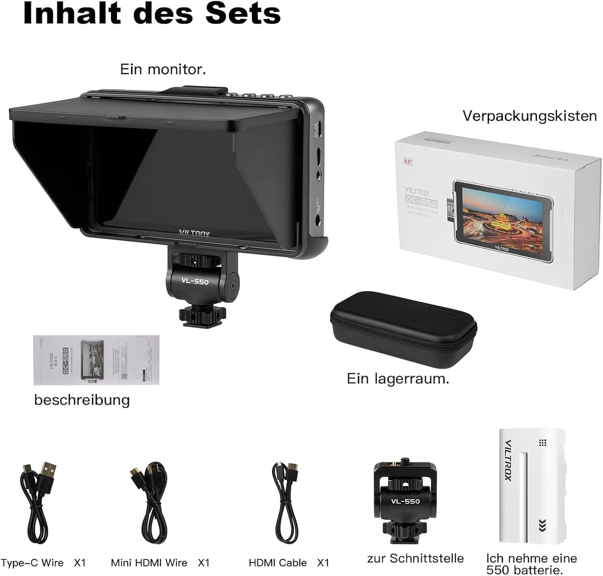 VILTROX DC-550 Camera Field Monitor 1200Nit 5,5 inch 4K HDMI Camera Monitor met accu, Full HD 1920x1080 IPS, 5,5 inch 3D LUT met zonnekap, opbergtas voor Sony Canon Nikon DSLR camera's