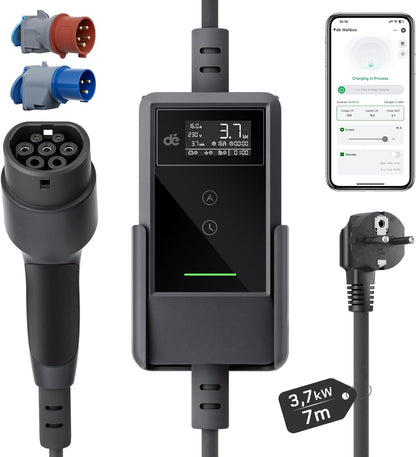 EV Charger Type 2 – EV Oplader – Laadkabel Elektrische Auto – Thuislader – Slimme Lader – 3,7 kW Laadvermogen – 7 Meter Kabel Met App-Bediening