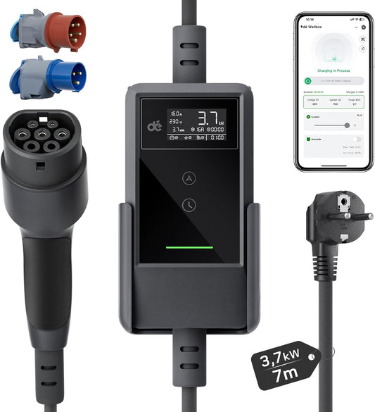 EV Charger Type 2 – EV Oplader – Laadkabel Elektrische Auto – Thuislader – Slimme Lader – 3,7 kW Laadvermogen – 7 Meter Kabel Met App-Bediening