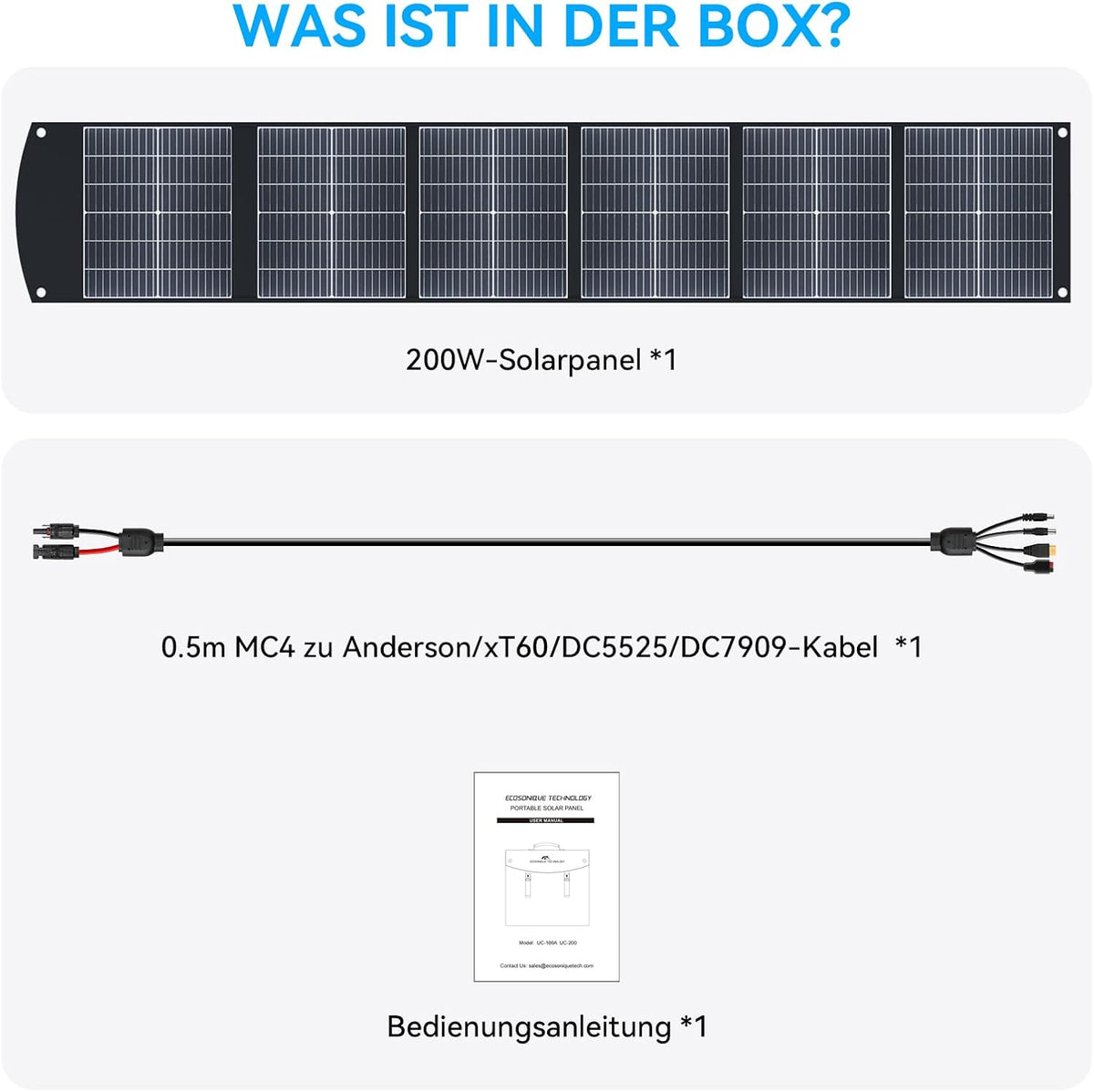 Ecosonique Opvouwbaar zonnepaneel, 200 W, monokristallijn zonnepaneel met USB-C 65 W PD3.0, USB-A QC3.0 snel opladen, MC4-uitgangen, verstelbare standaard voor powerstations, camper en outdoor